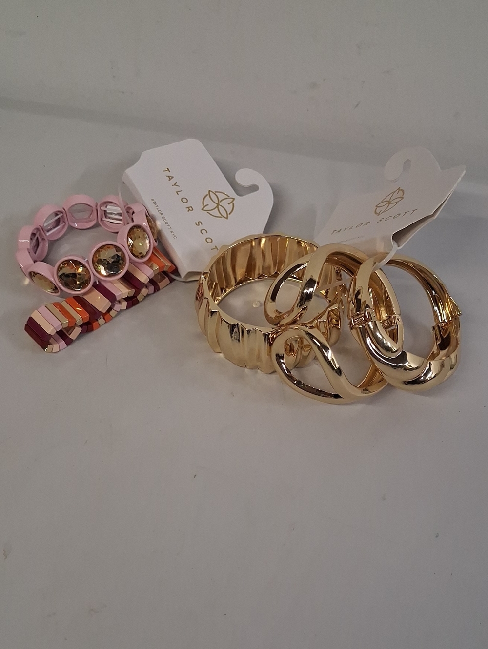 NWT Taylor Scott 3 Gold Bracelet Set & 2 Pink Accent Bracelets